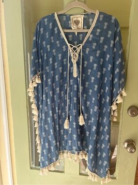 Blue Pineapple Print Tassel Cover-Up 100% Cotton